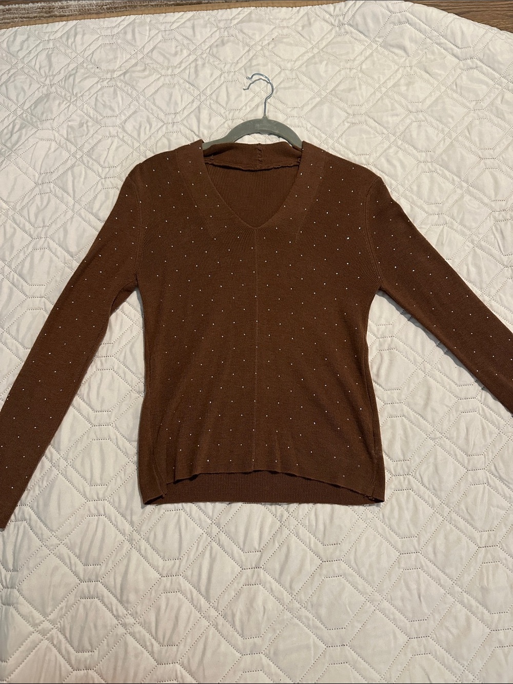 Women’s V-Neck Brown Sweater with Subtle rhinestone Detail